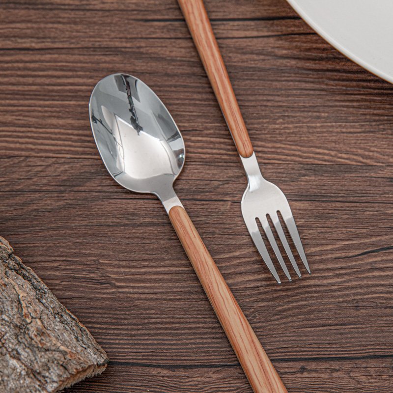 Wooden Color Plastic Handle Fork Spoon Knife Dinner Stainless Steel Flatware Set For Restaurant Hotel Party