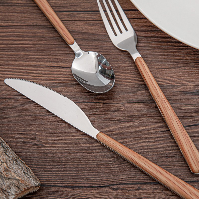 Wooden Color Plastic Handle Fork Spoon Knife Dinner Stainless Steel Flatware Set For Restaurant Hotel Party
