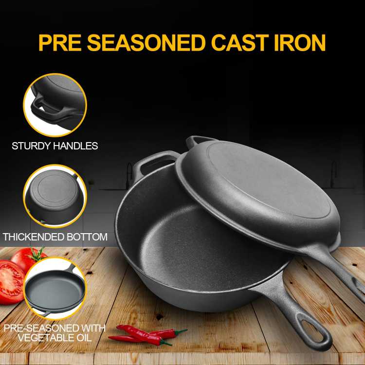 Multifunction 2in-1 Pre-seasoned Cast Iron Dutch Oven Pot Combo Cooker With Skillet Cookware Set