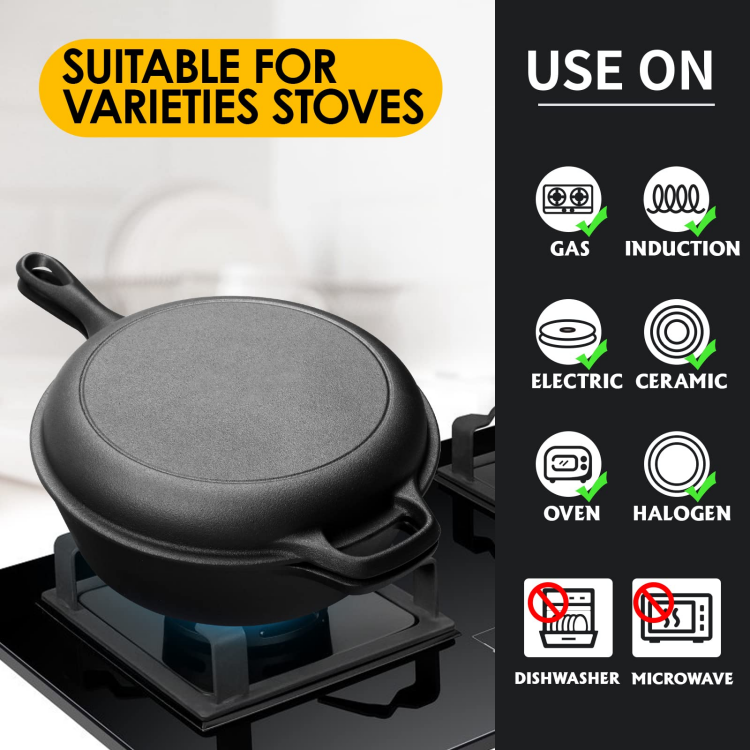 Multifunction 2in-1 Pre-seasoned Cast Iron Dutch Oven Pot Combo Cooker With Skillet Cookware Set
