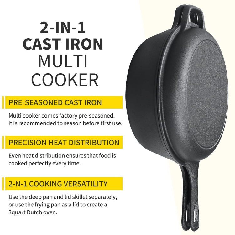 Multifunction 2in-1 Pre-seasoned Cast Iron Dutch Oven Pot Combo Cooker With Skillet Cookware Set