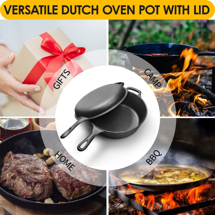 Multifunction 2in-1 Pre-seasoned Cast Iron Dutch Oven Pot Combo Cooker With Skillet Cookware Set