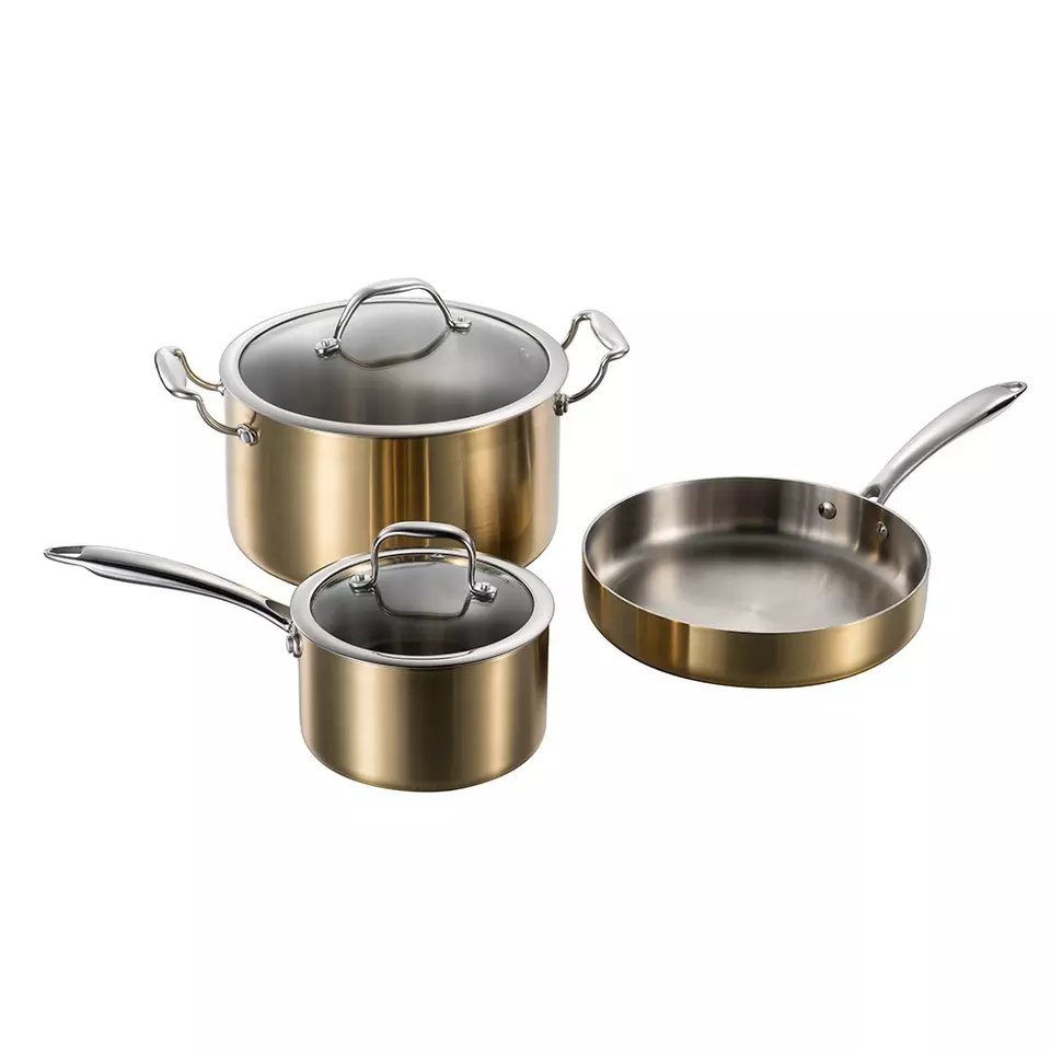 Uncoated Triply with gold PVD Kitchenware Stainless Steel Cookware Sets