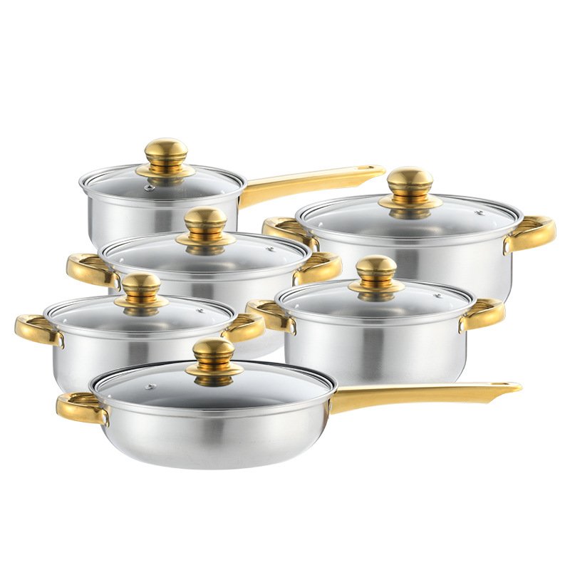 Wholesale 12pcs Stainless Steel Cooking Pots And Pans Set Non Stick Glass Lid Cookware Set Bulk Sale Stocked