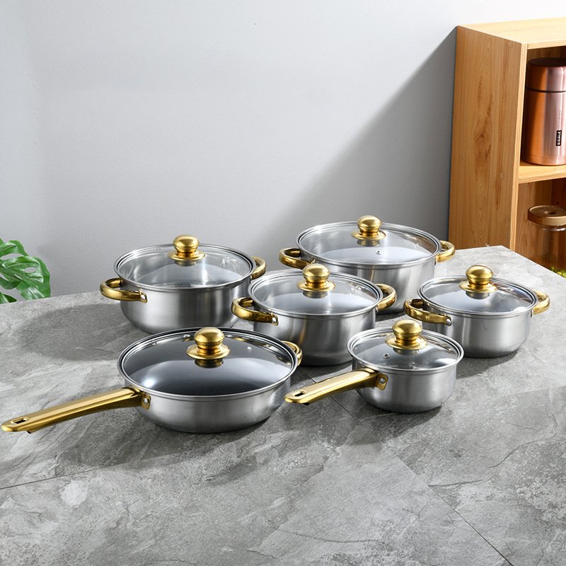 Wholesale 12pcs Stainless Steel Cooking Pots And Pans Set Non Stick Glass Lid Cookware Set Bulk Sale Stocked