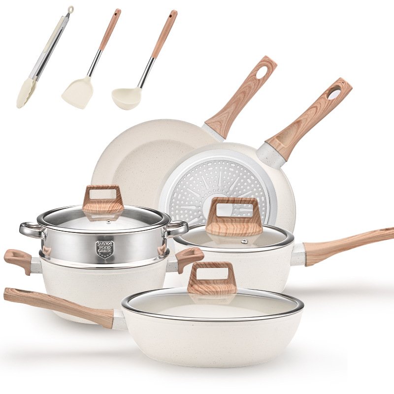 Wholesale 12 Pieces Aluminum Alloy White Granite Kitchen Cooking Pan Pot Set Non Stick Cookware Sets with Wood Handle