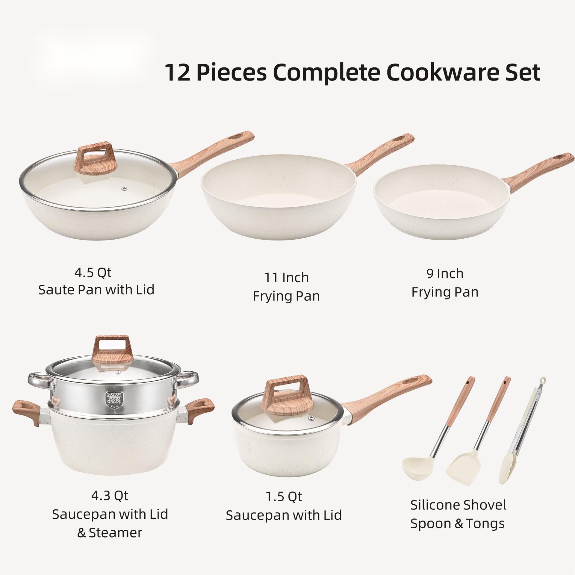 Wholesale 12 Pieces Aluminum Alloy White Granite Kitchen Cooking Pan Pot Set Non Stick Cookware Sets with Wood Handle