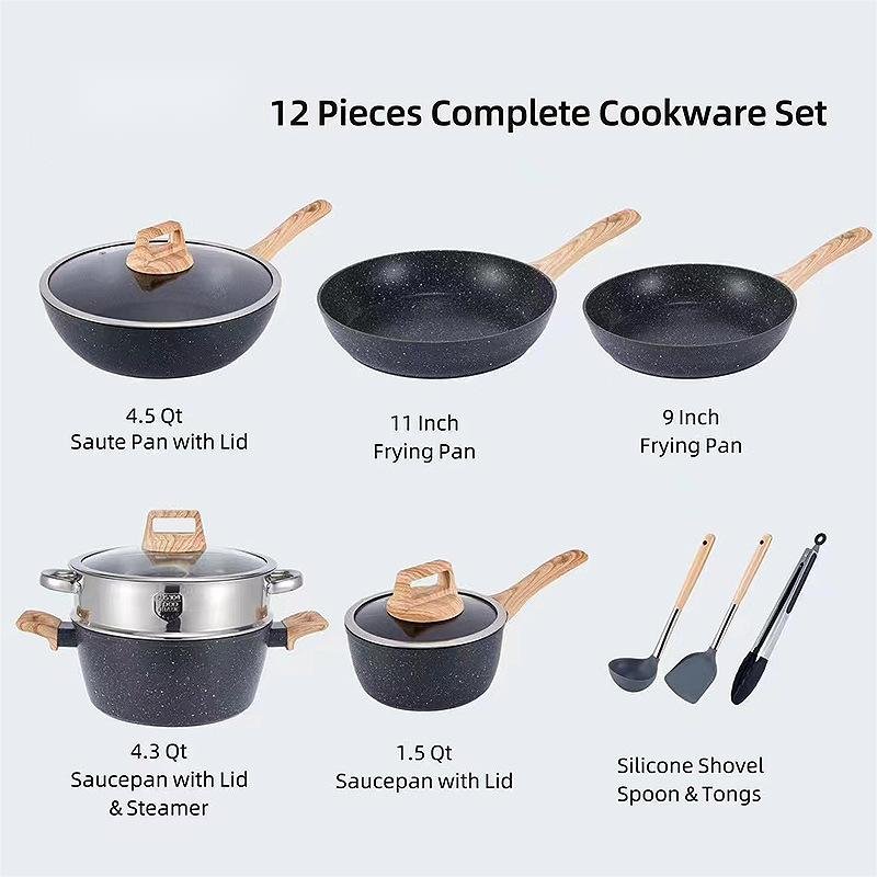 Wholesale 12 Pieces Aluminum Alloy White Granite Kitchen Cooking Pan Pot Set Non Stick Cookware Sets with Wood Handle