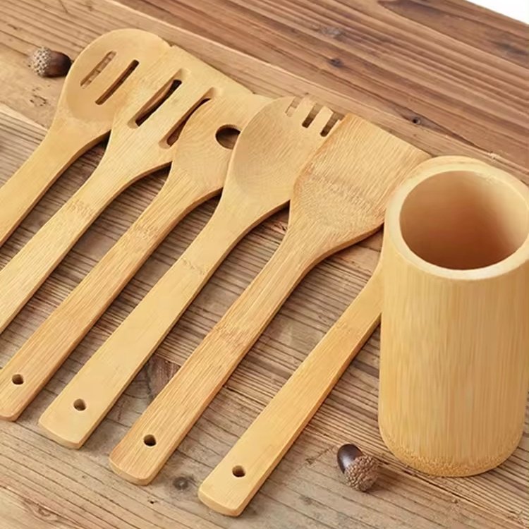 6 Pcs Kitchen Cooking Tool Set Eco Friendly Natural Non-Stick Spoons Bamboo Spatula Cookware Sets for Cooking