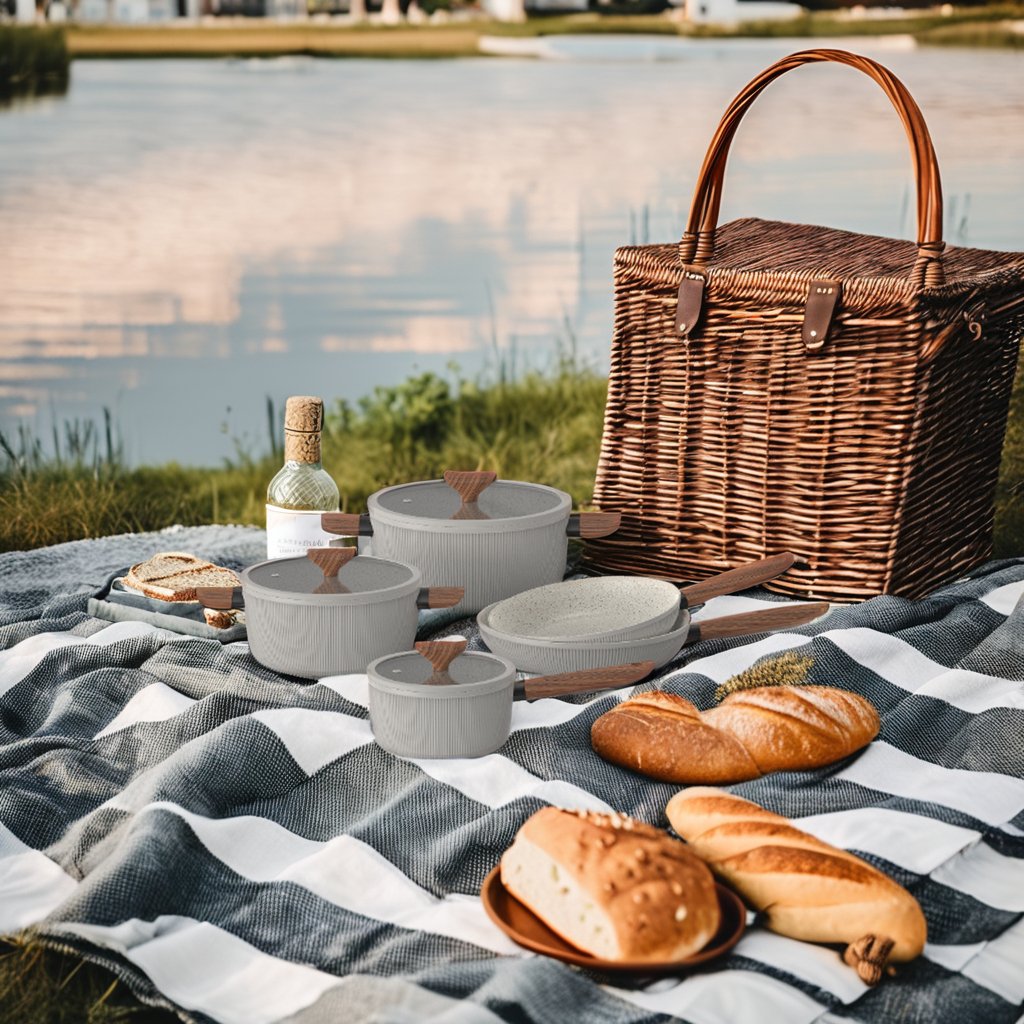 Rofee New Arrivals Aluminum 8 Piece Cooking Sets Kitchen Ware Forged Marble nonstick Coating Cookware Set For Wooden Handle
