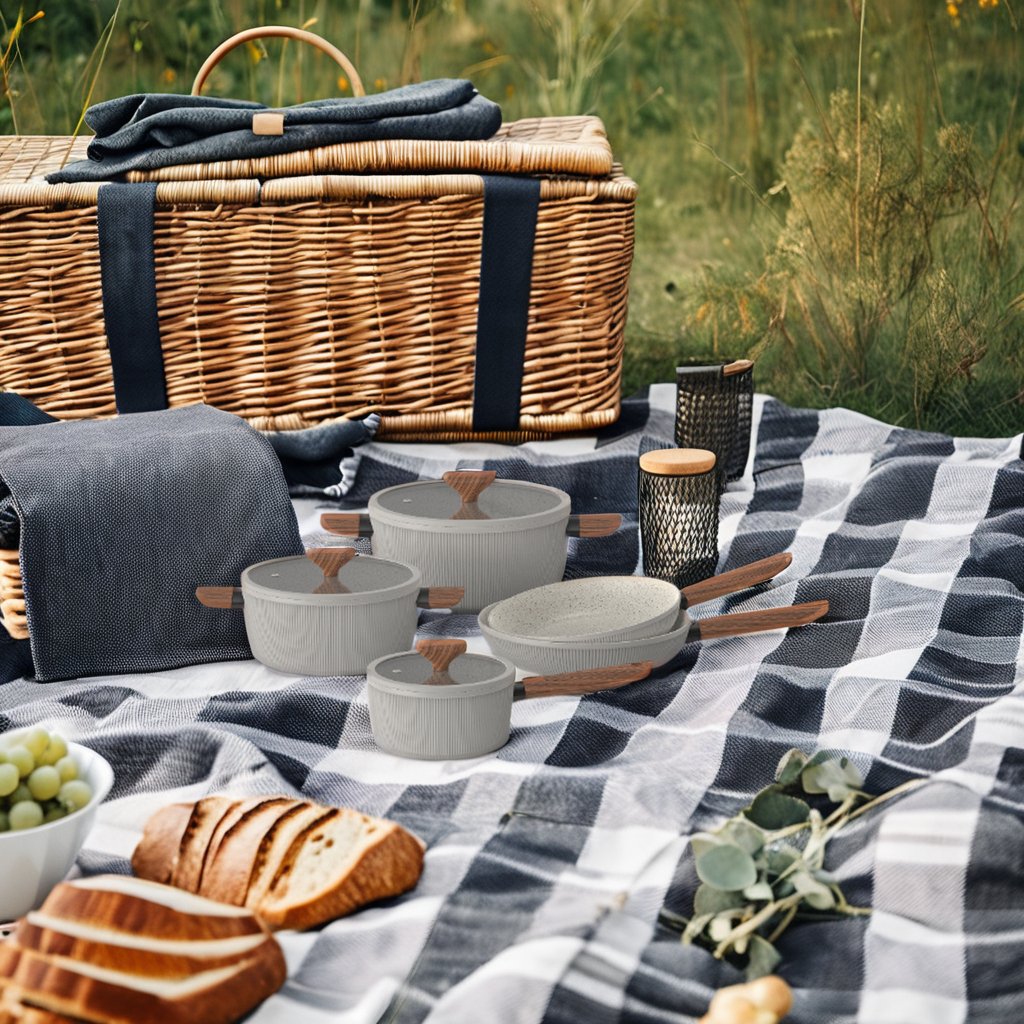 Rofee New Arrivals Aluminum 8 Piece Cooking Sets Kitchen Ware Forged Marble nonstick Coating Cookware Set For Wooden Handle