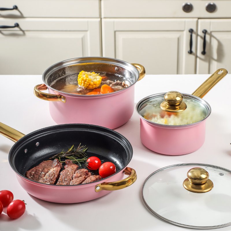 12-piece cookware set Stainless steel non-stick skillet pink high quality skillet stockpot pink pot set