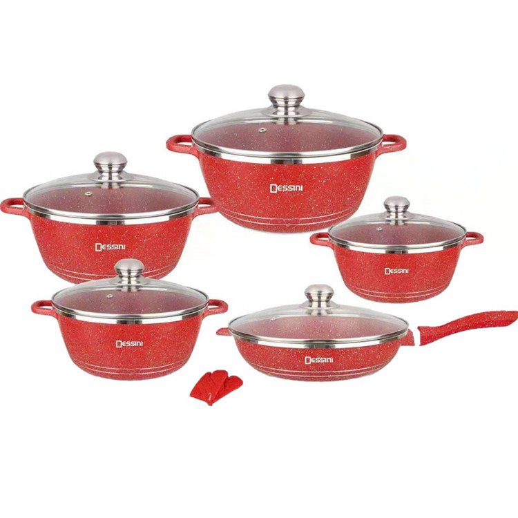 12 Pcs Dessini Die-Casting panela Kitchen Cooking Pot Pink Non Stick Granite Cookingware Set Granite Cookware Sets