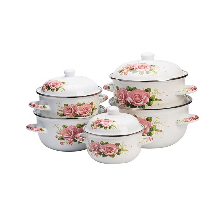Hot Sale Enamel Cookware Set Flower Decal Cookware Sets Soup Pot