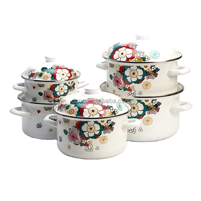 Hot Sale Enamel Cookware Set Flower Decal Cookware Sets Soup Pot