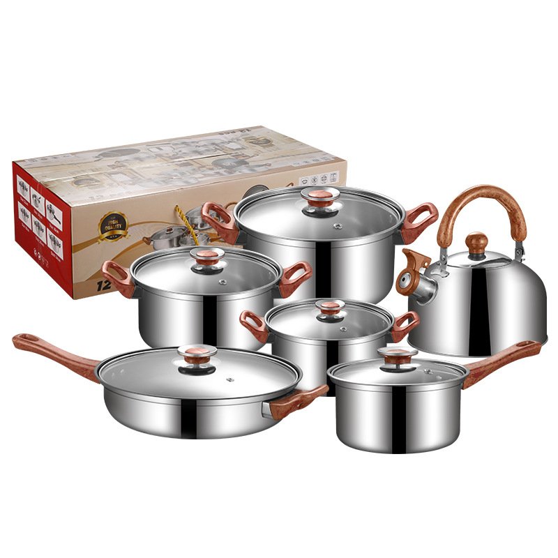Factory Direct Sale 12-Piece Stainless Steel Set Wood Grain Handle Pot Set Soup Pot Milk Pot Kettle Frying Pan Cookware Set