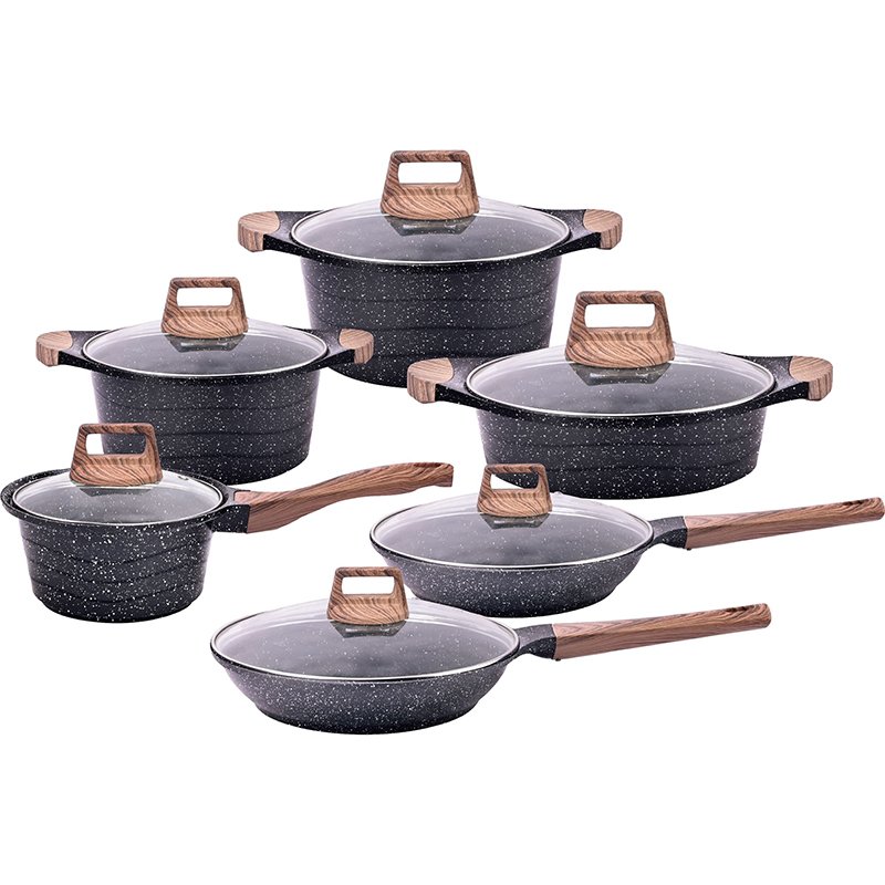 Factory Stock Die Cast 12PCS Cookware Set Non-stick Marble Granite Coating Casseroles induction Cooker Spiral Bottom