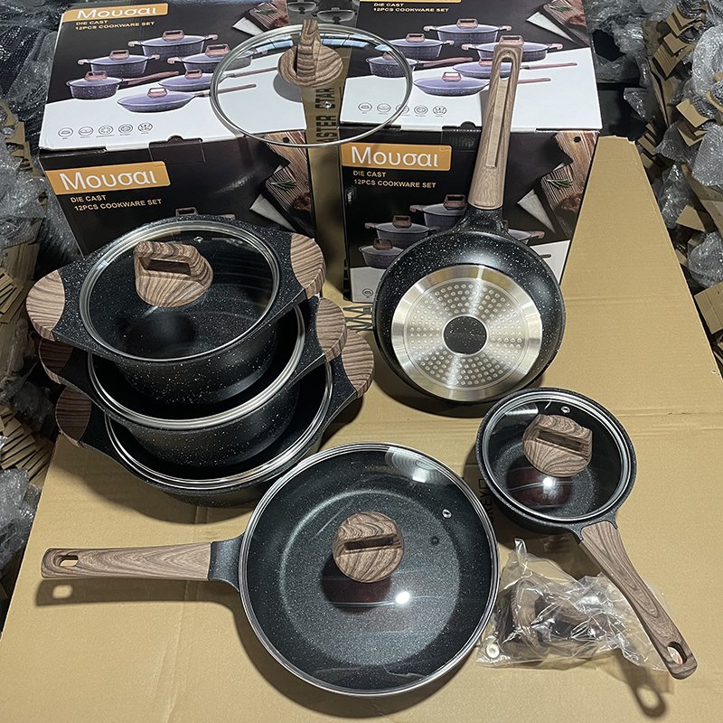 Factory Stock Die Cast 12PCS Cookware Set Non-stick Marble Granite Coating Casseroles induction Cooker Spiral Bottom