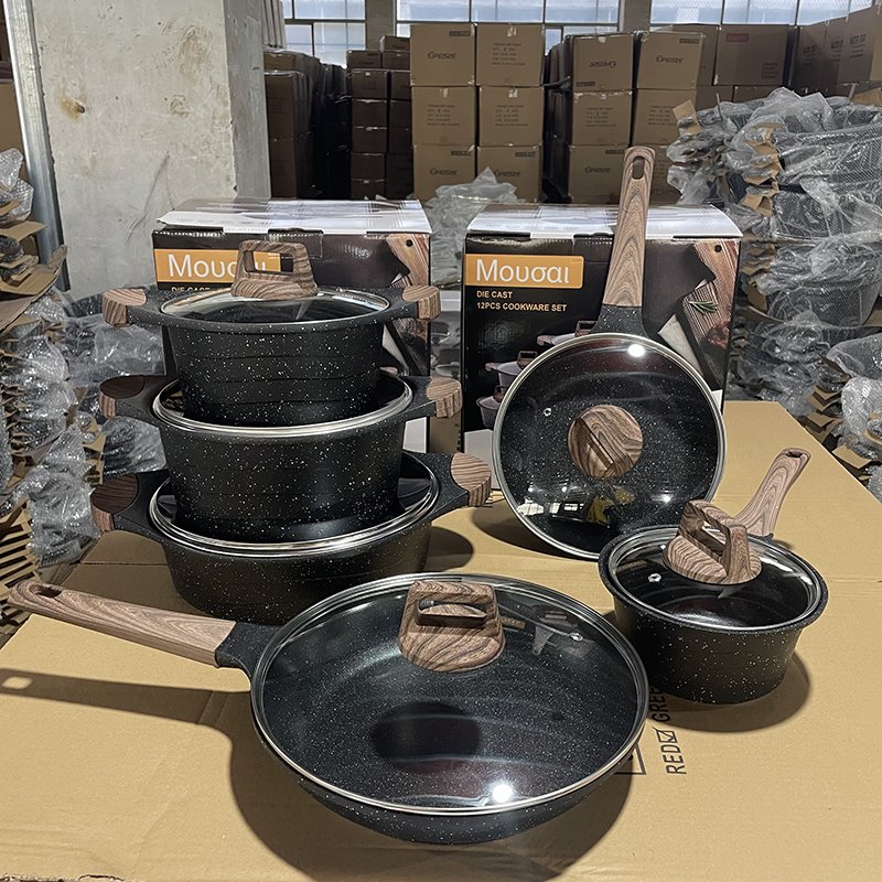 Factory Stock Die Cast 12PCS Cookware Set Non-stick Marble Granite Coating Casseroles induction Cooker Spiral Bottom