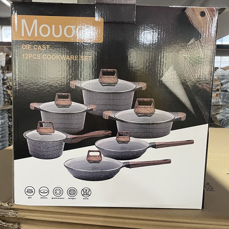 Factory Stock Die Cast 12PCS Cookware Set Non-stick Marble Granite Coating Casseroles induction Cooker Spiral Bottom