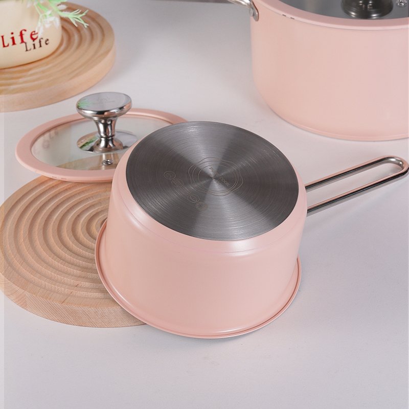 Ready to ship fashion colored pink ceramic food safety paint stainless steel 304 cook pot saucepan casserole cookware set