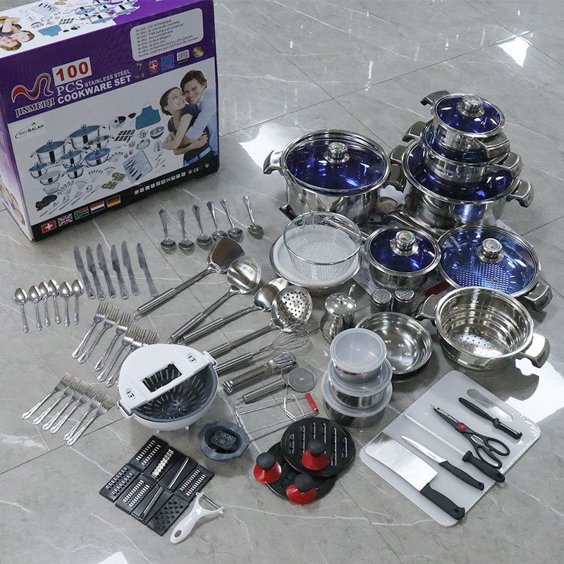 Manufacturer Custom Soup Pot & Stock Pot 100Pcs Stainless Steel Cookware Set with Glass lid with Thermometer