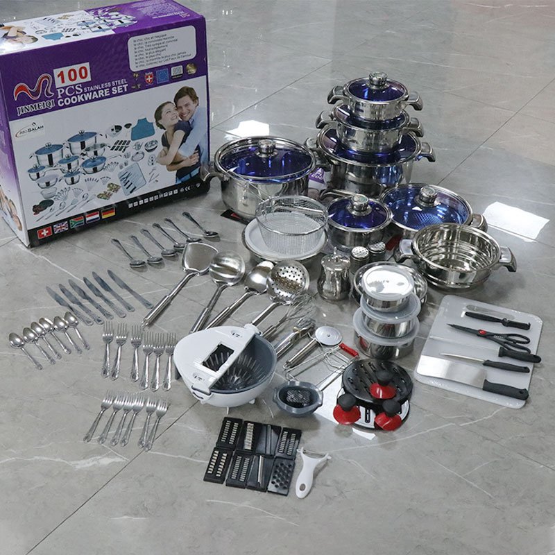 Manufacturer Custom Soup Pot & Stock Pot 100Pcs Stainless Steel Cookware Set with Glass lid with Thermometer