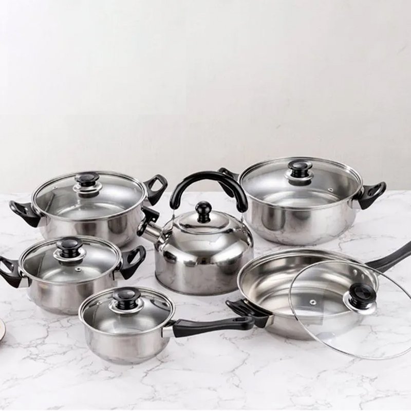 New Designer Stainless Steel Induction Cookware Sets With Kettle 12-Piece Black Kitchen Cookware Soup Pot Stew Pan Frying Pan