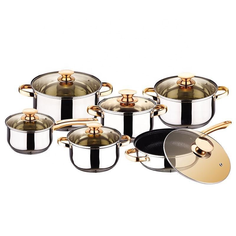New Product Explosion Gold 12 Pcs Non Stick Stainless Steel Cookware Sets Pots And Pans Cooking Pot Set