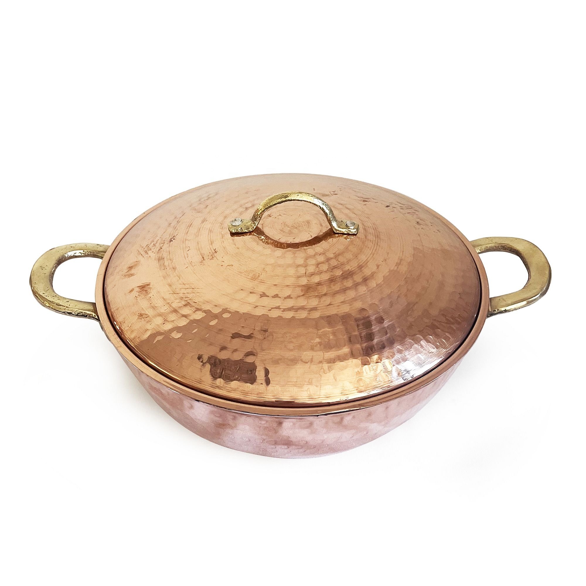 Hand Hammered Copper Wok Pan 26 cm With Lid Brass Handle Handmade, Authentic, Traditional Cooking, Tin Plated Copper Color
