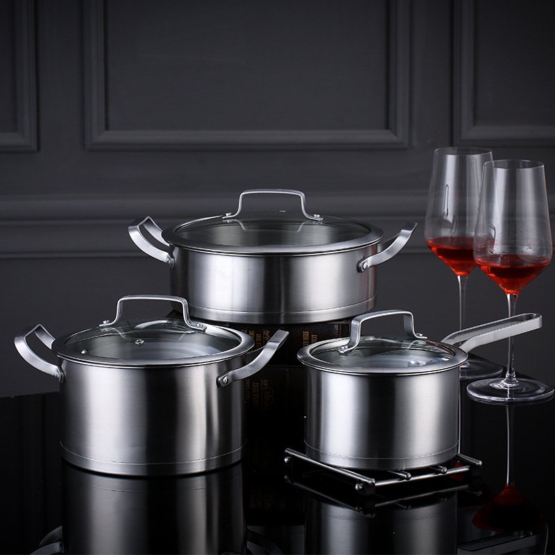 High Quality 3-Piece Nonstick Cookware Set Stainless Steel Cooking Pot Frying Pan Home Use Metal Kitchen Potware Steel Handles