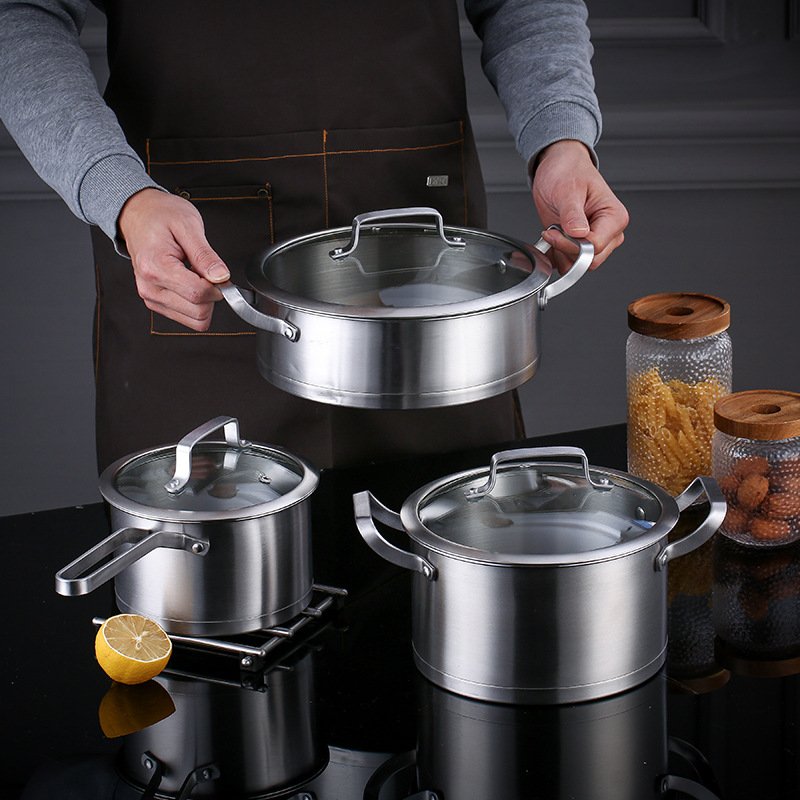 High Quality 3-Piece Nonstick Cookware Set Stainless Steel Cooking Pot Frying Pan Home Use Metal Kitchen Potware Steel Handles