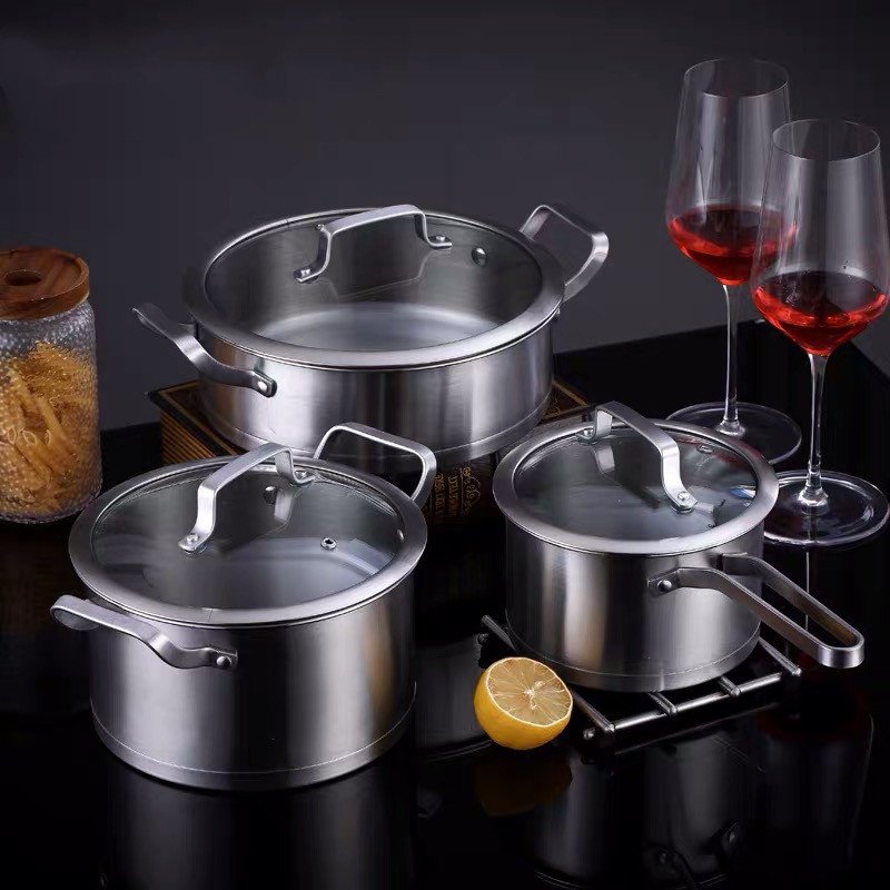 High Quality 3-Piece Nonstick Cookware Set Stainless Steel Cooking Pot Frying Pan Home Use Metal Kitchen Potware Steel Handles