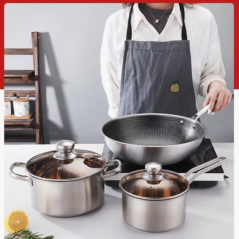 201 Stainless Steel Wok Frying Pan Milk Pot Household Thickened Double Honeycomb Non-stick Cookware Sets