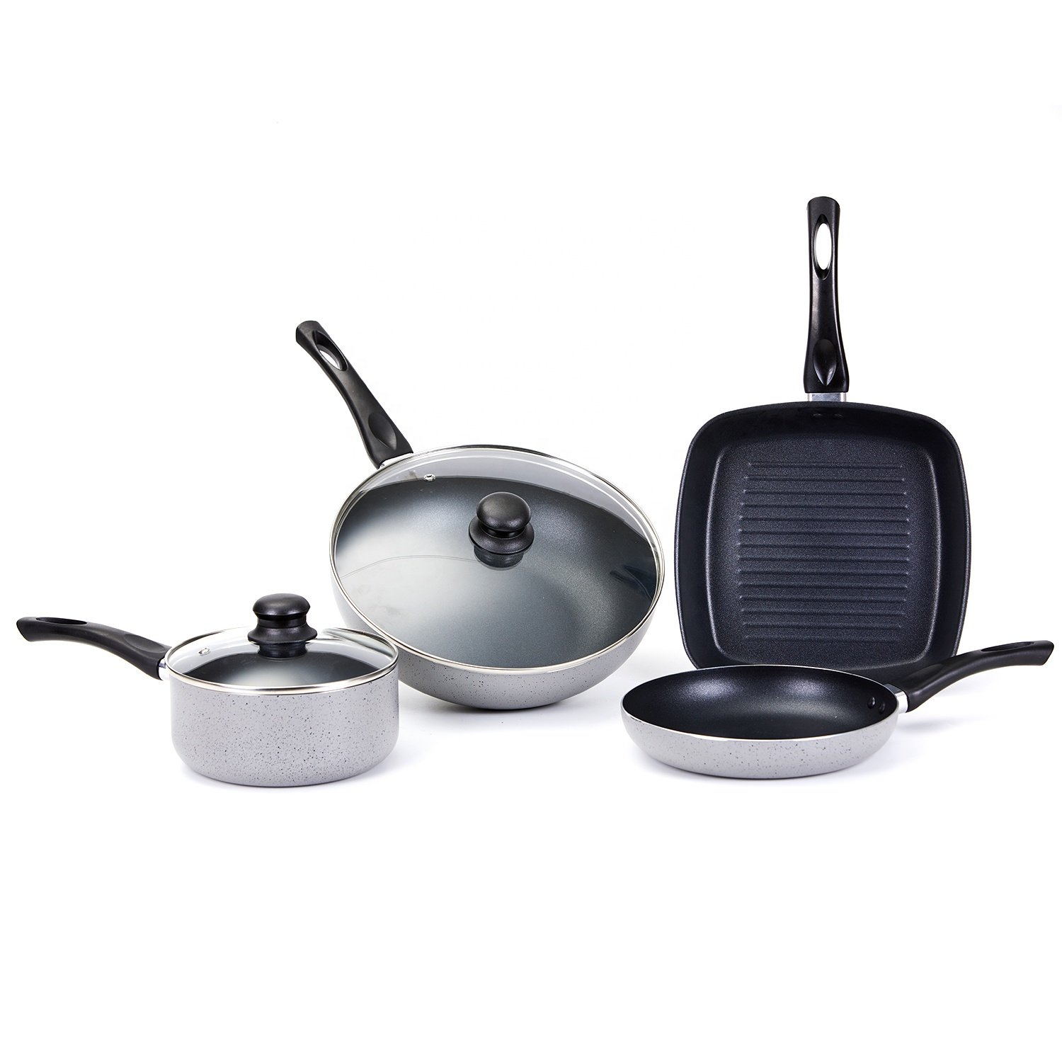 high quality aluminum cookware sets non stick kitchen utensils wok fry pan milk pot glass cover with bakelite handle