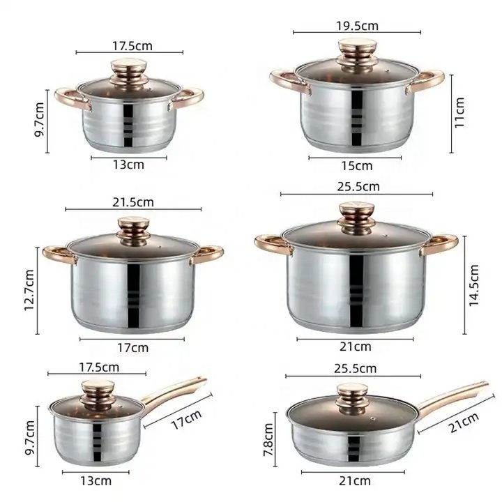 High Quality 12 Pcs Non-stick Stainless Steel Kitchen Cookware Set With Gold Beads And Gold Handles Kitchen Cookware