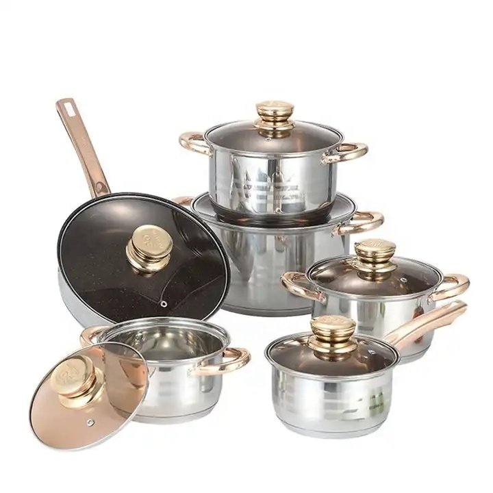 High Quality 12 Pcs Non-stick Stainless Steel Kitchen Cookware Set With Gold Beads And Gold Handles Kitchen Cookware