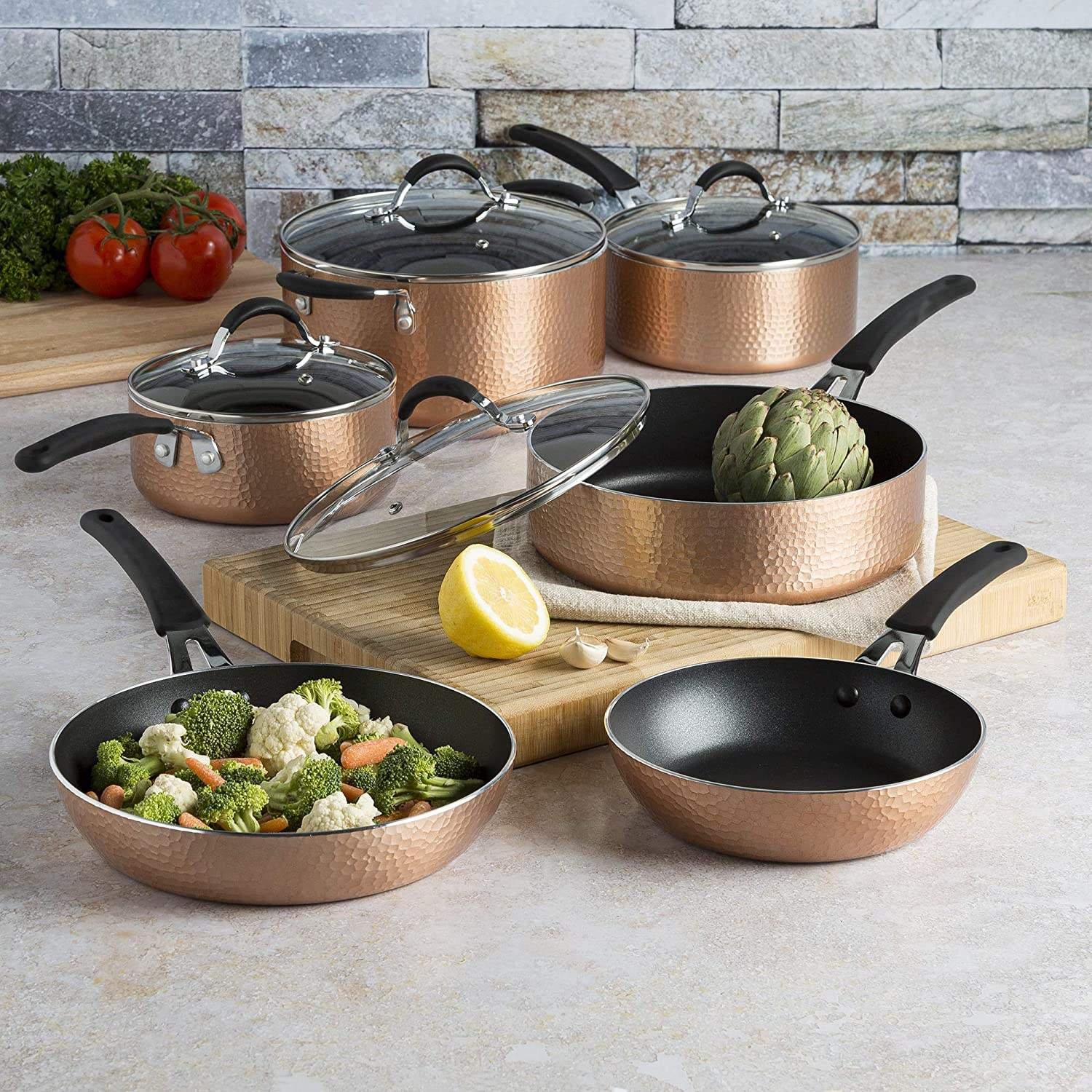 10 Piece Hammered Copper Cookware Set with Nonstick Coating Induction Pots and Pans Set Dishwasher Safe