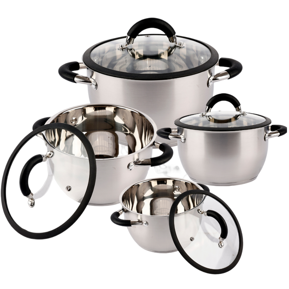 8 Pcs New Design Stainless Steel Non Stick Pots Set Kitchen Ware Cooking Pot 304 Cookware Set With Glass Lids