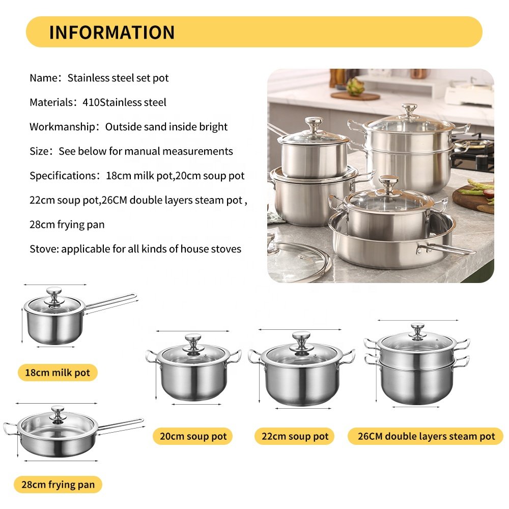 Factory Direct Kitchen soup pot Stainless Steel Cookware Sets Pots and Pans Non Stick Cooking Pot Set
