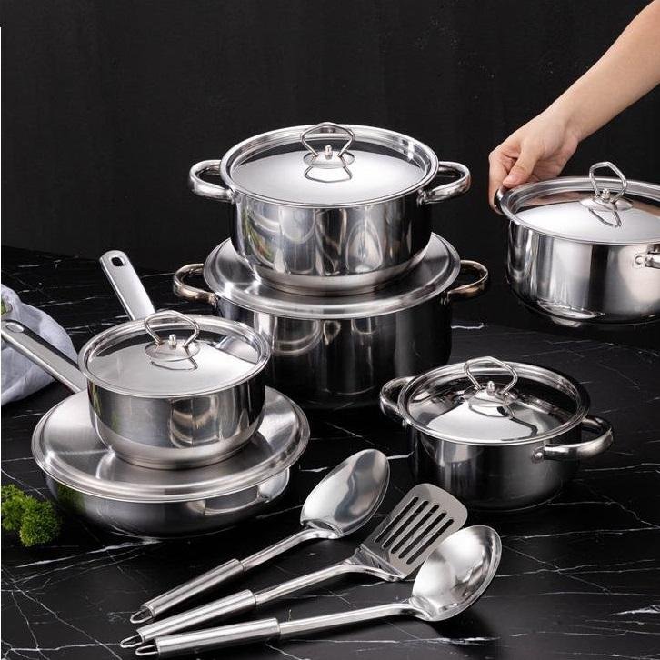 15 pcs Cookware Set w/ Lids Stainless Steel Wok Kitchenware Non Stick Wok Pan Set with Shovel Spoon