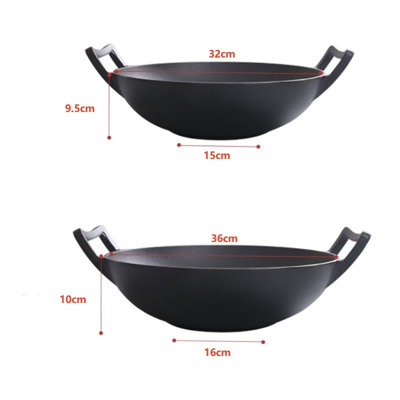 Traditional Chinese cookware set 32/36cm black round pre-flavored non-stick thickened flat cast iron woks with two ears