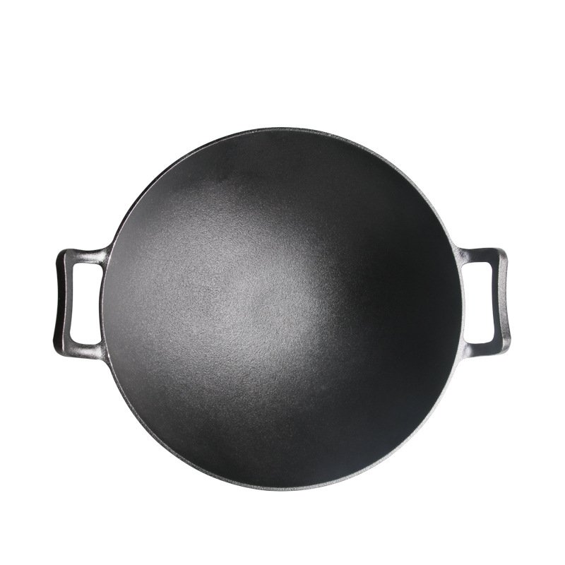 Traditional Chinese cookware set 32/36cm black round pre-flavored non-stick thickened flat cast iron woks with two ears