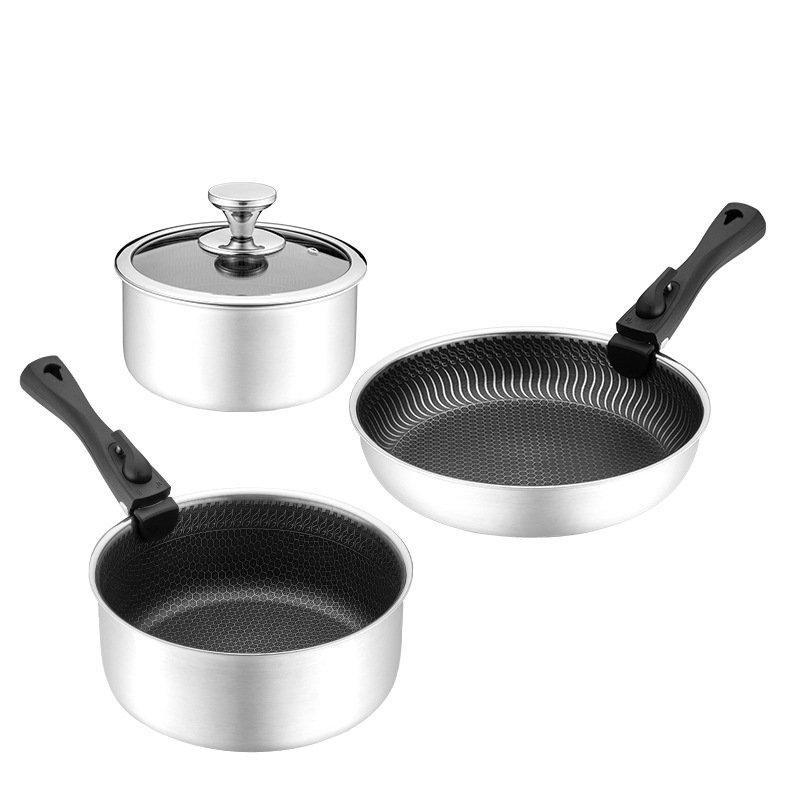 Hybrid Cookware Set w/ Lids 5 pcs Stainless Steel Cookware Sets Kitchenware 3-ply Stainless Steel Honeycomb Detachable handle