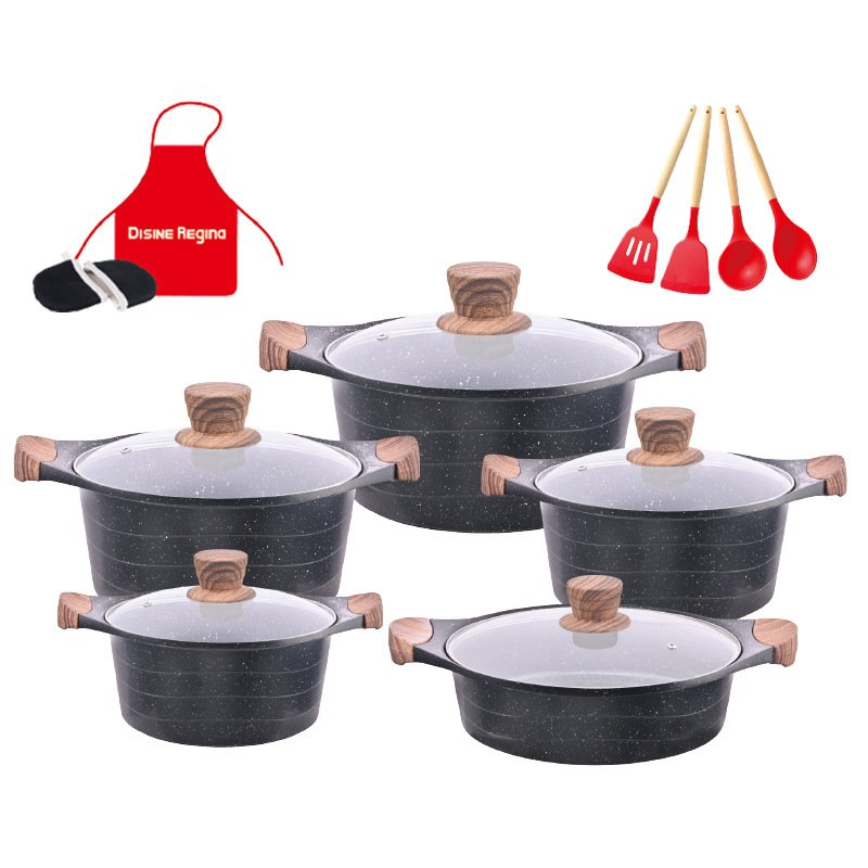 Ready Ship Stock 17pcs Soup Pot New Arrival Home Use Aluminium Alloy Wooden Handle Soup Pot Cookware Sets