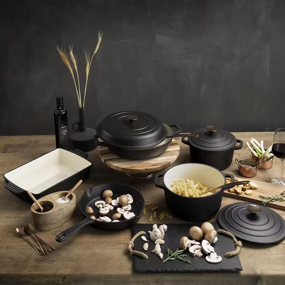 factory outlet 8pcs Matte Black Cast Iron Pans 2024 New Non Stick Cookware Sets Enamel Cast Iron casserole Set Cooking Pots
