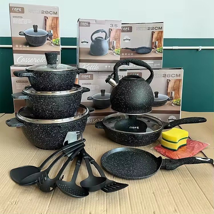 21Pcs Kettle Hot Sell Classical Big Size Aluminium Cast Kitchen Marble Non Stick Pots Cookware Sets