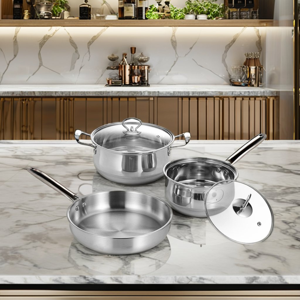 Multifunctional 18+22+24 cm Nonstick Cookware Set All-Steel Handle Kitchen Pot and Pan with Glass Cover for Frying for Cooking