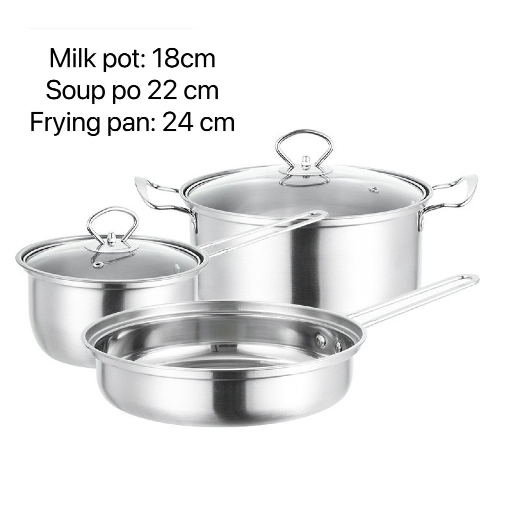 Multifunctional 18+22+24 cm Nonstick Cookware Set All-Steel Handle Kitchen Pot and Pan with Glass Cover for Frying for Cooking