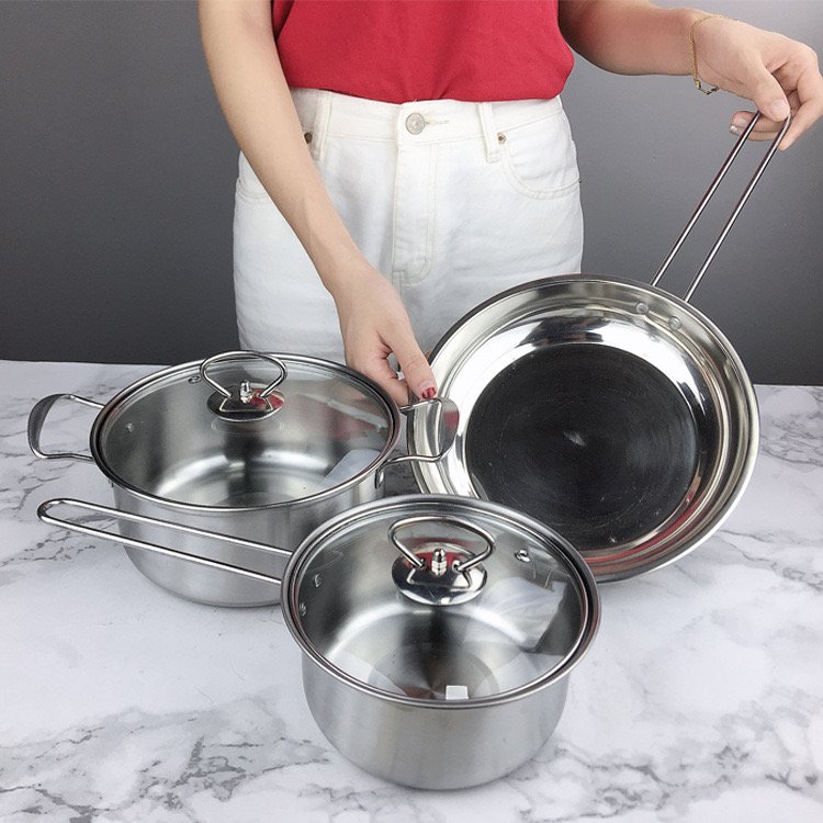 Multifunctional 18+22+24 cm Nonstick Cookware Set All-Steel Handle Kitchen Pot and Pan with Glass Cover for Frying for Cooking